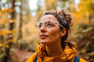 Woman enjoys a peaceful walk through a golden forest trail in autumn, a Person Photo by AlyaAnd