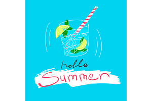 Cold Cocktail With Ice And Lime, Text Hello Summer. Vector Colorful Food Illustration And Lettering On A Blue Backround.