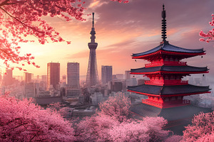 Tokyo skyline with cherry blossoms and pagoda at sunset, a Nature Photo by Photostock