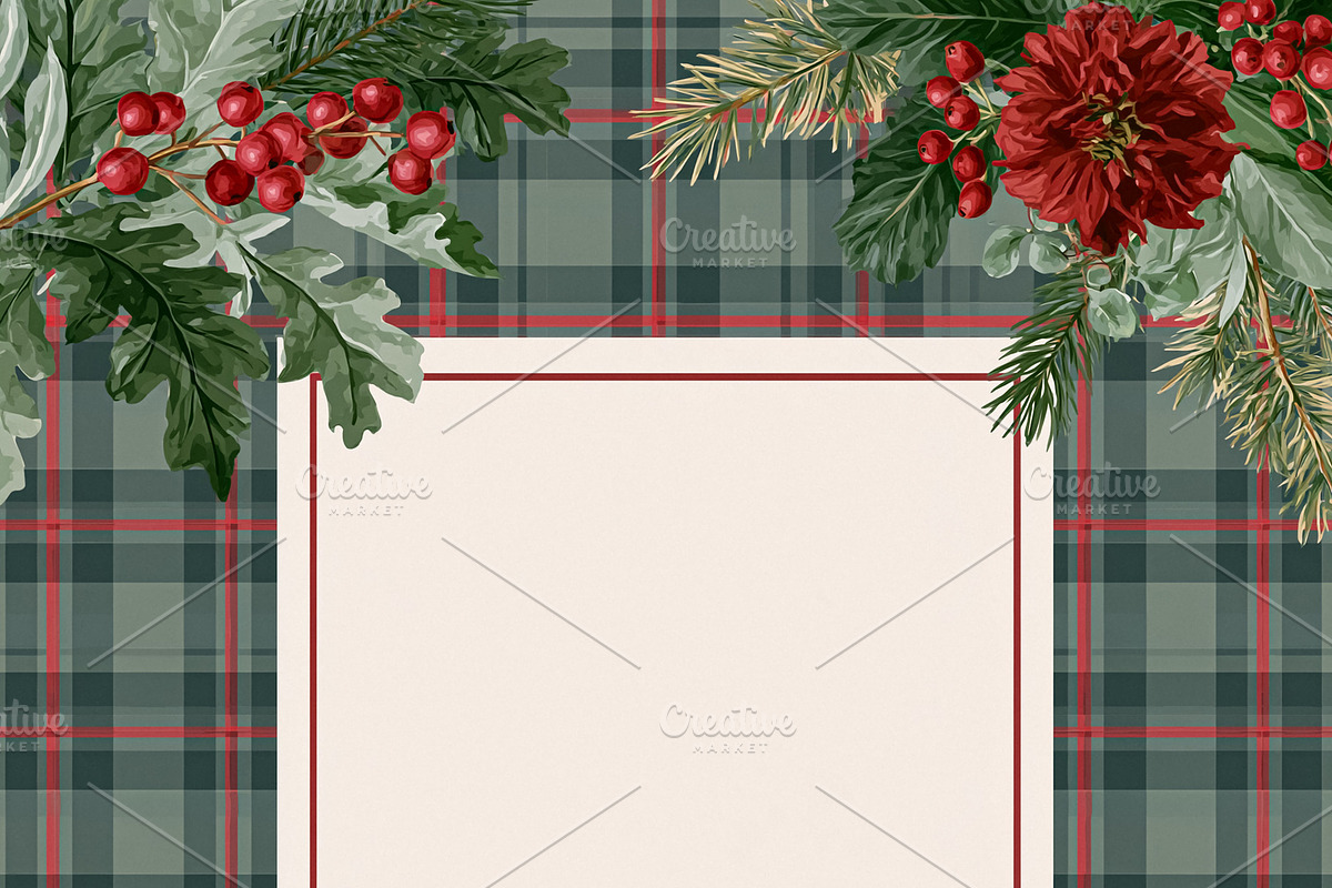 Festive plaid background with a blank frame, red berries, pine b, an Illustration by Studio ANNA