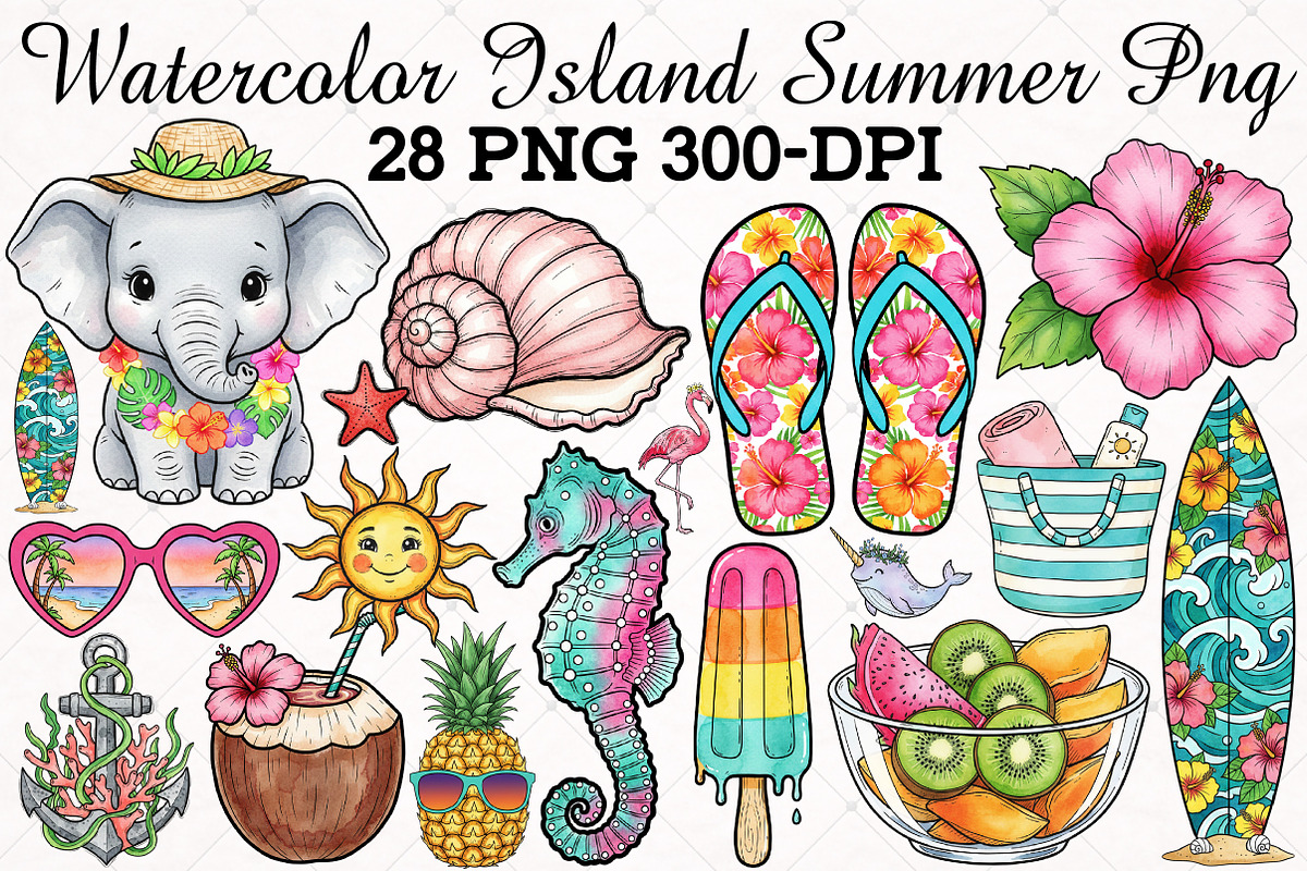Watercolor Island Summer PNG Bundle, an Illustration by RobertsArt (Photo 1 of 5)