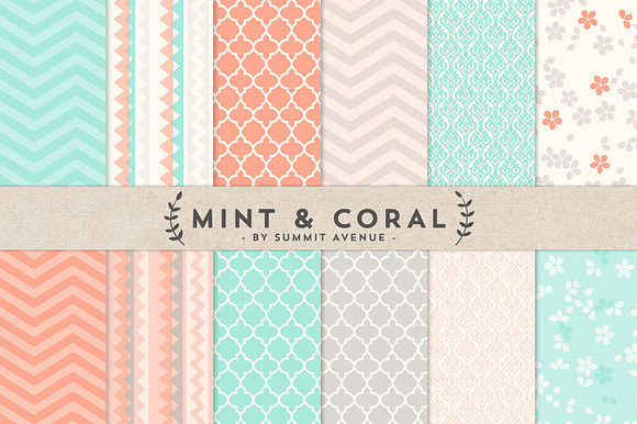 Mint & Coral Digital Paper Patterns preview 2