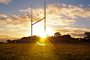 Rugby Football Field Goals At Sunset, a Photo by THP Creative