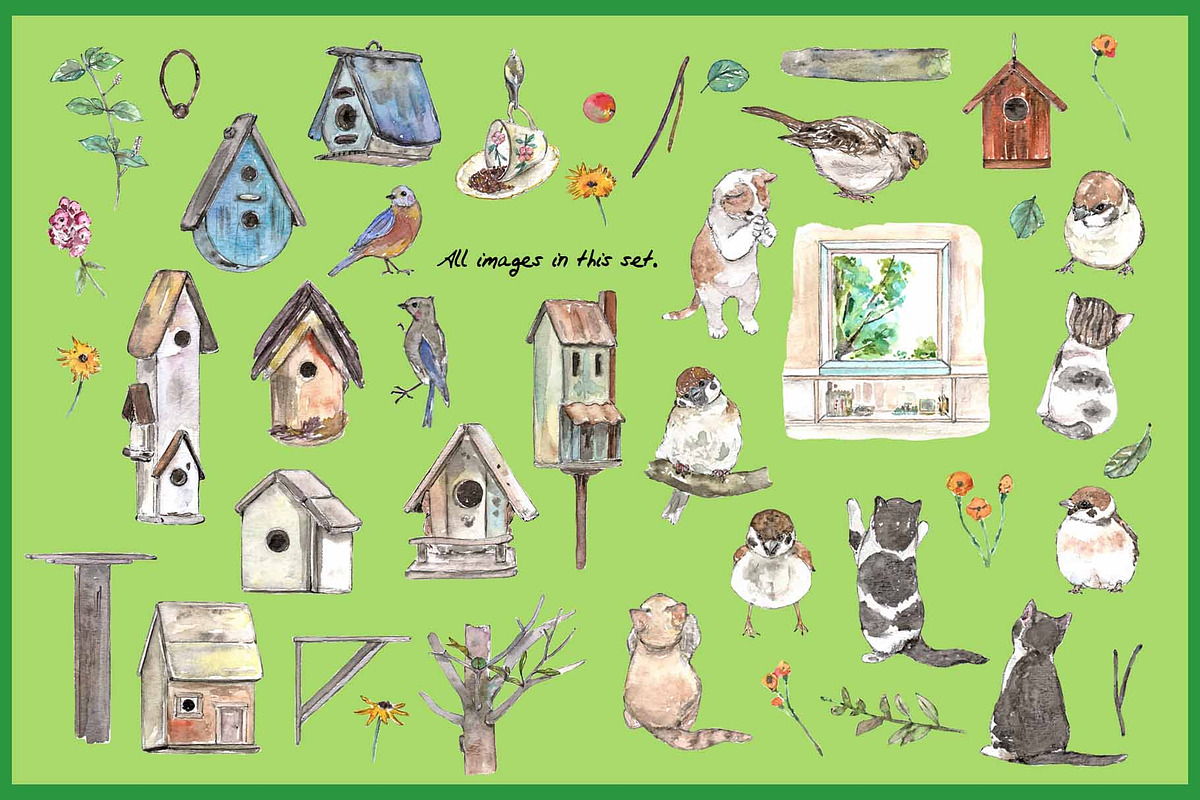 Birds & Cats-Watercolor Clipart, an Animal Illustration by VianneArt (Photo 2 of 9)