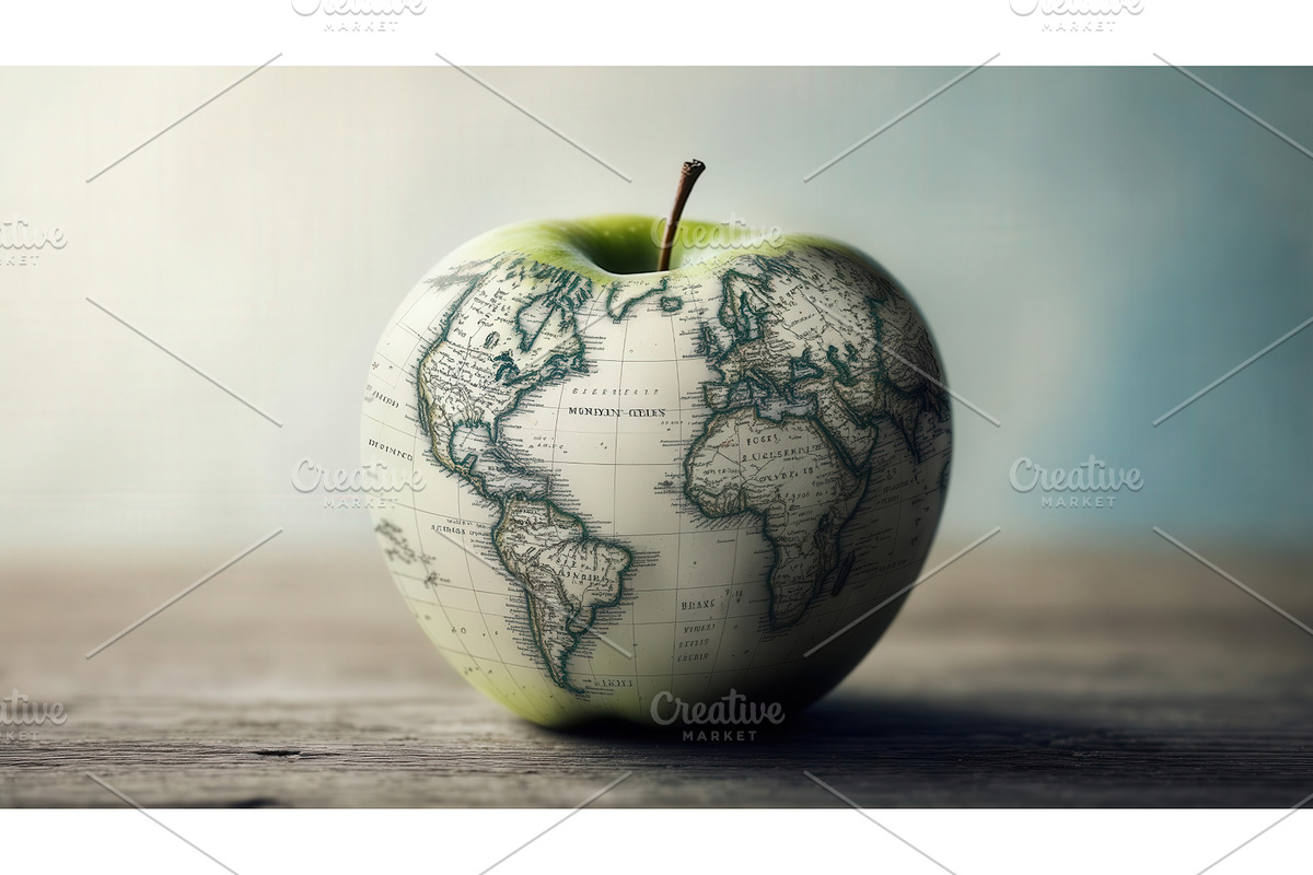 Green apple with a world map, an Illustration by tilialucida