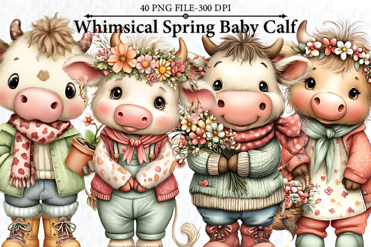 Whimsical Spring Baby Calf Clipart, a Seasonal Illustration by HueNestify (Photo 1 of 3)