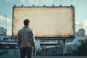 A man stands in front of a large blank billboard, gazing at it. The scene is se, an Arts & Entertainment Photo by Textures & Backgrounds