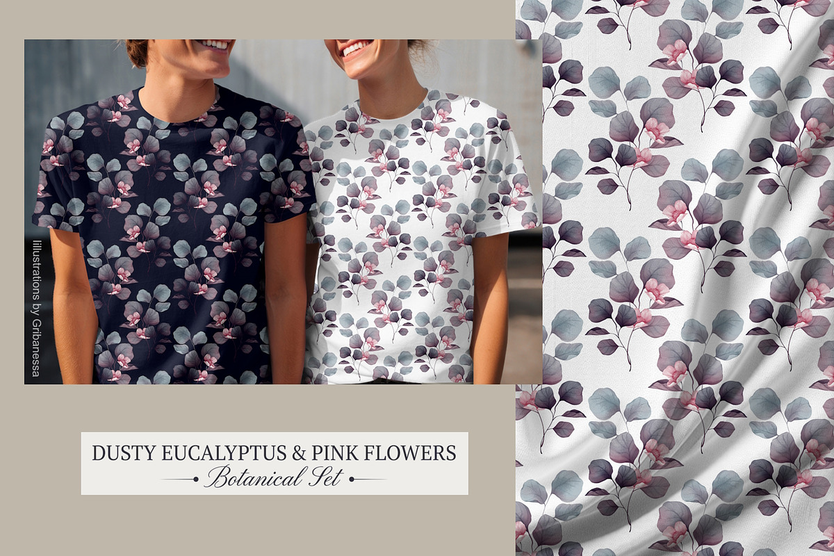 Dusty Eucalyptus & Flowers Set, a Pattern Graphic by Gribanessa (Photo 2 of 5)