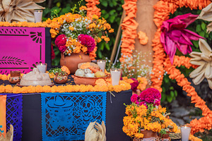 Flowers and food offerings