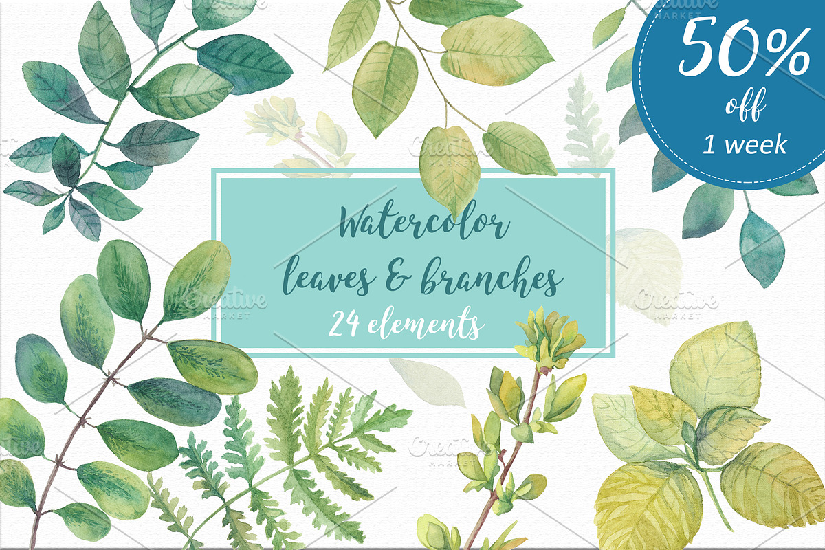 50% OFF Watercolor leaves & branches, an Object Graphic by Irina Diasli (Photo 1 of 2)