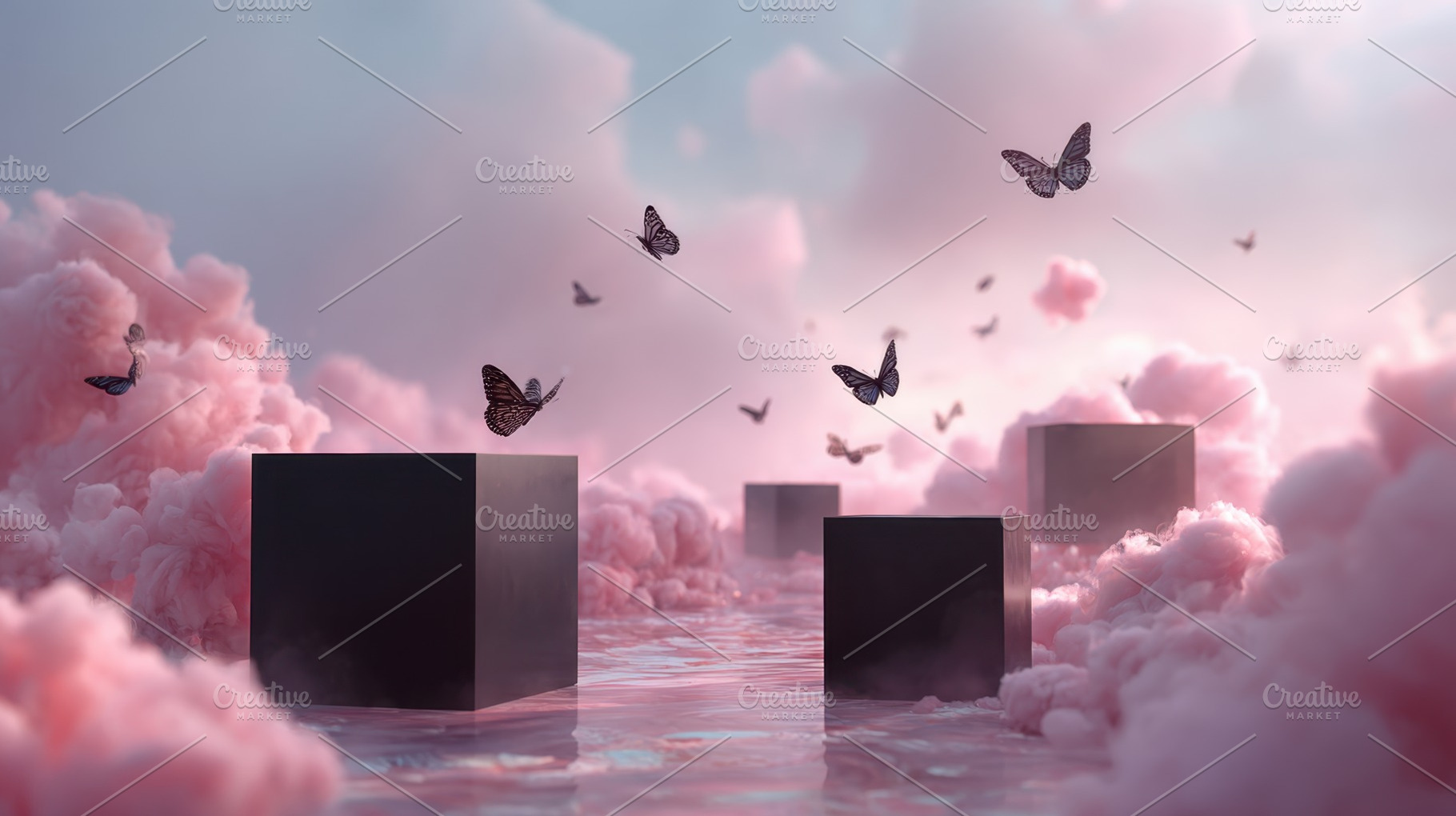 Cubes and butterflies in pink clouds, a Photo by Beautiful things