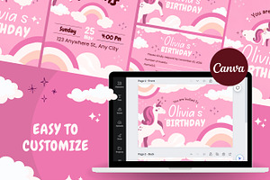 Unicorn Birthday Invitation Canva