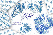 Gzhel watercolor clipart, an Illustration by Nataliapiache (Thumbnail 1 of 5)