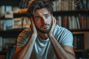 A young cognitive psychologist man sitting in a library, looking distressed wit, a Person Photo by Textures & Backgrounds