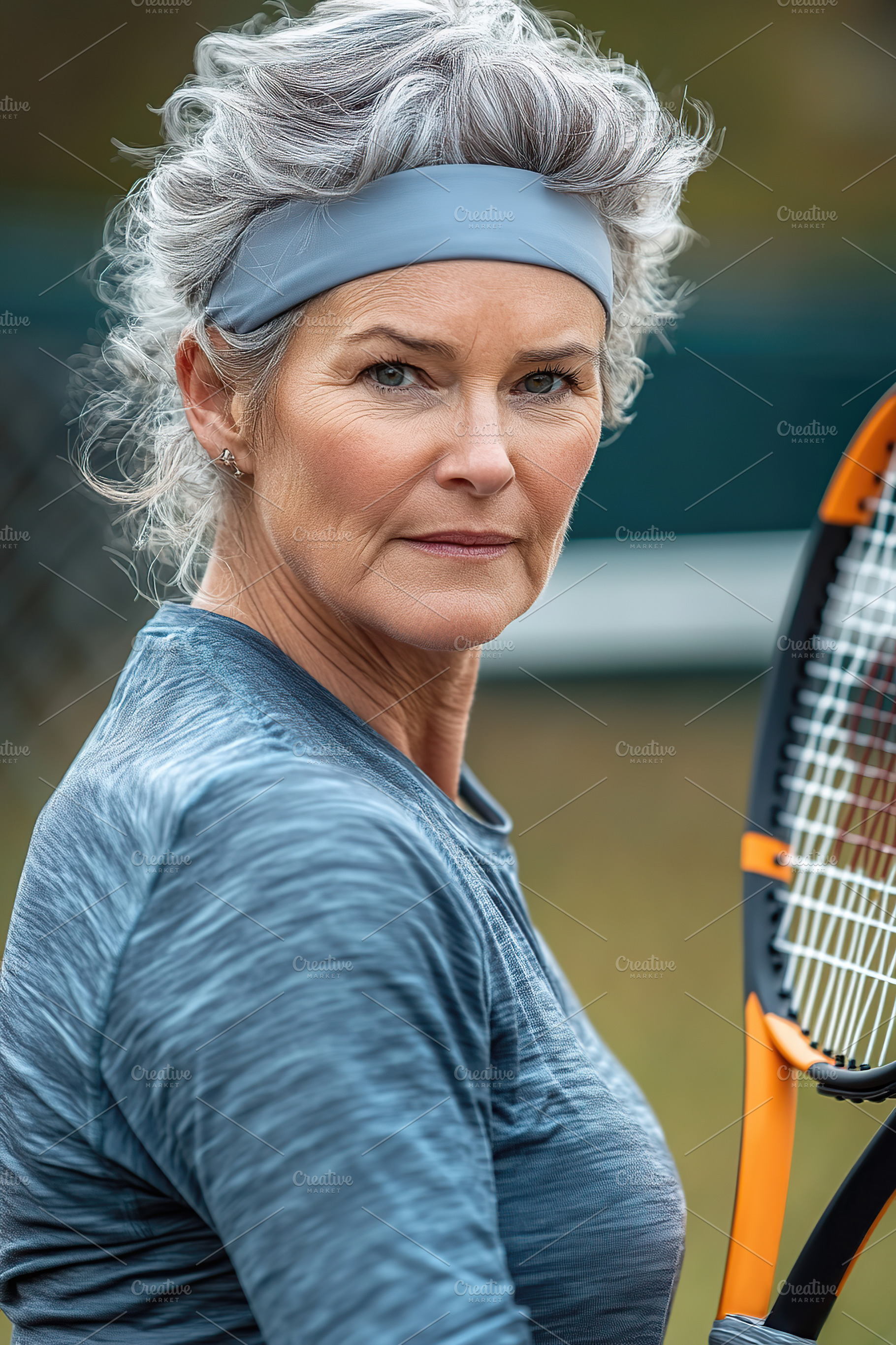 Senior woman playing tennis with confidence at outdoor court, a Sports & Recreation Photo by AlyaAnd