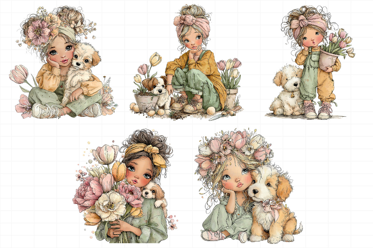 Whimsical Girl And Puppy Clipart, an Illustration by Daily.Designs (Photo 4 of 5)