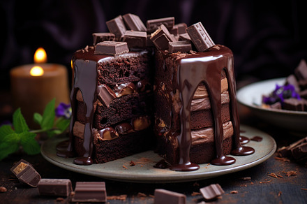 Chocolate cake with chocolate bars on wooden table, a Food & Drink Photo by AlyaAnd