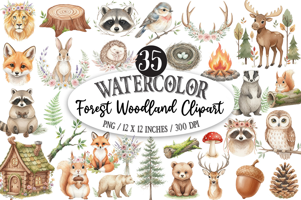 Watercolor Forest Woodland Clipart, an Illustration by Designking (Photo 1 of 5)