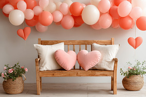 Cozy bench with heart pillow and pastel balloons, a Holiday Photo by AlyaAnd