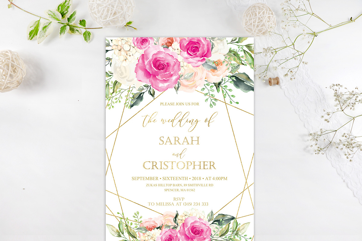 Hot Pink and Gold Blush Pink Roses, an Invitation Template by DreamsClipArt (Photo 2 of 4)