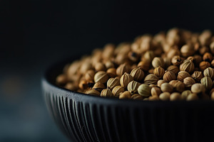 Close up of coriander seeds in a bla, a Photo by Iftikhar Alam
