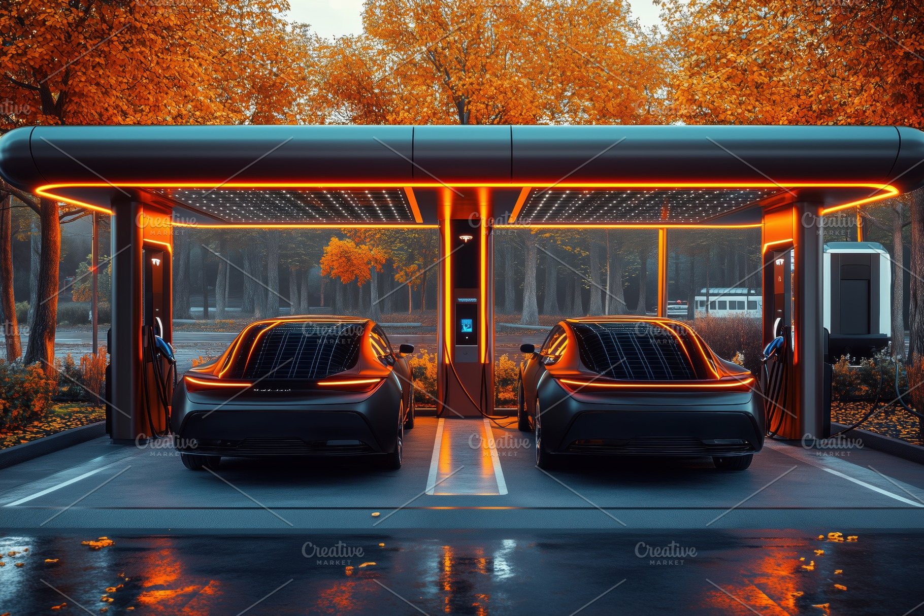 Two futuristic electric cars charging at a sleek charging station surrounded by, a Technology Photo by Textures & Backgrounds