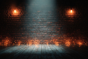 Dark brick wall wood floor glowing l, a Photo by Pixeness Studio