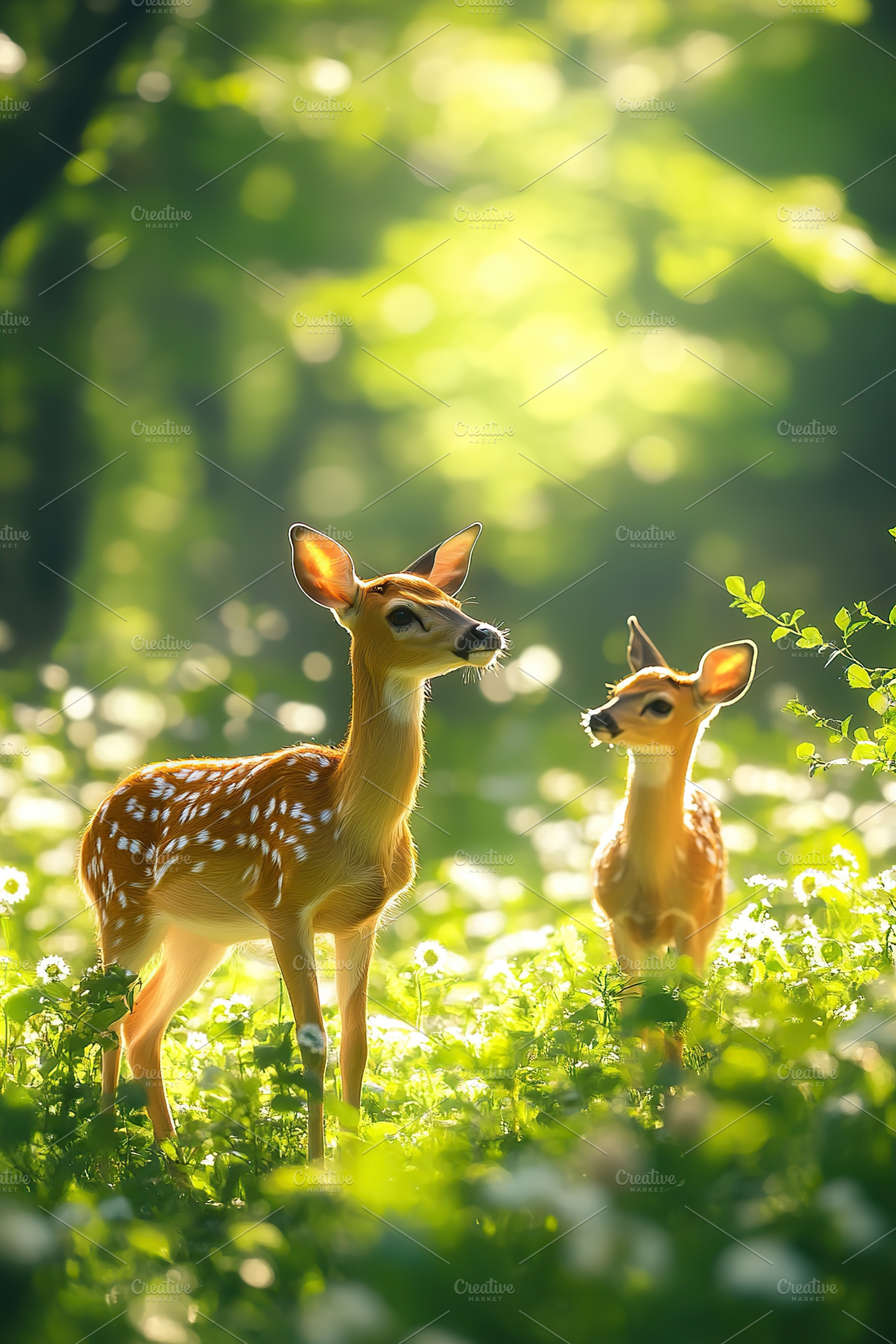 Two deer fawn standing in a green meadow, an Animal Photo by AlyaAnd