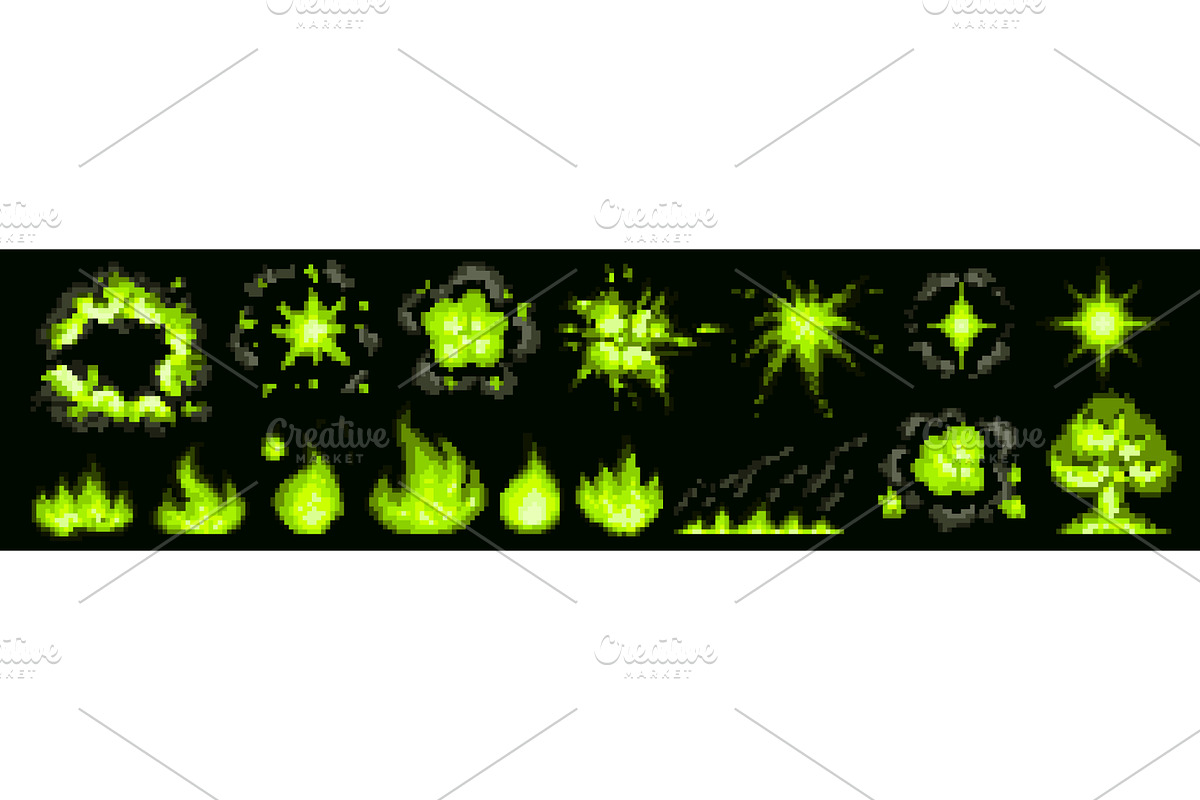 Pixel art explosion in glowing green, an Object Illustration by art PVP - market
