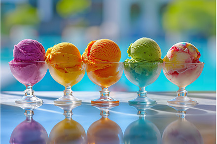 Colorful ice cream scoops in glass, a Food & Drink Photo by Lermont51