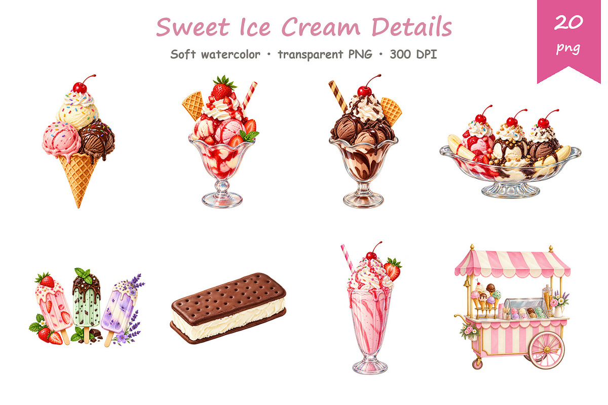 Watercolor Ice Cream Clipart, a Food Illustration by BerryPieArt (Photo 3 of 4)