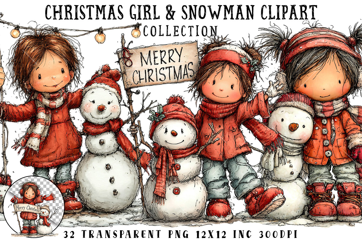 Christmas Girl & Snowman Clipart, an Illustration by OK Design (Photo 1 of 6)