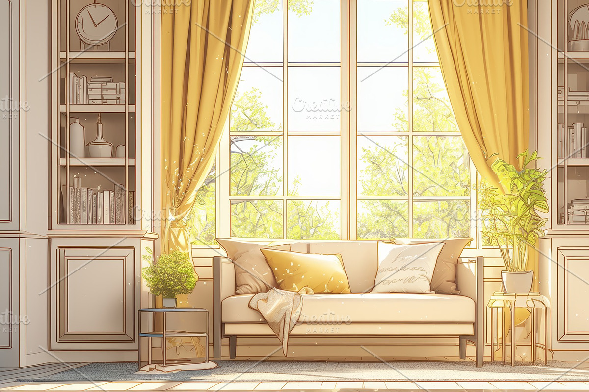 Elegant vintage living room with sunlight streaming through large windows, an Illustration by AS photostudio