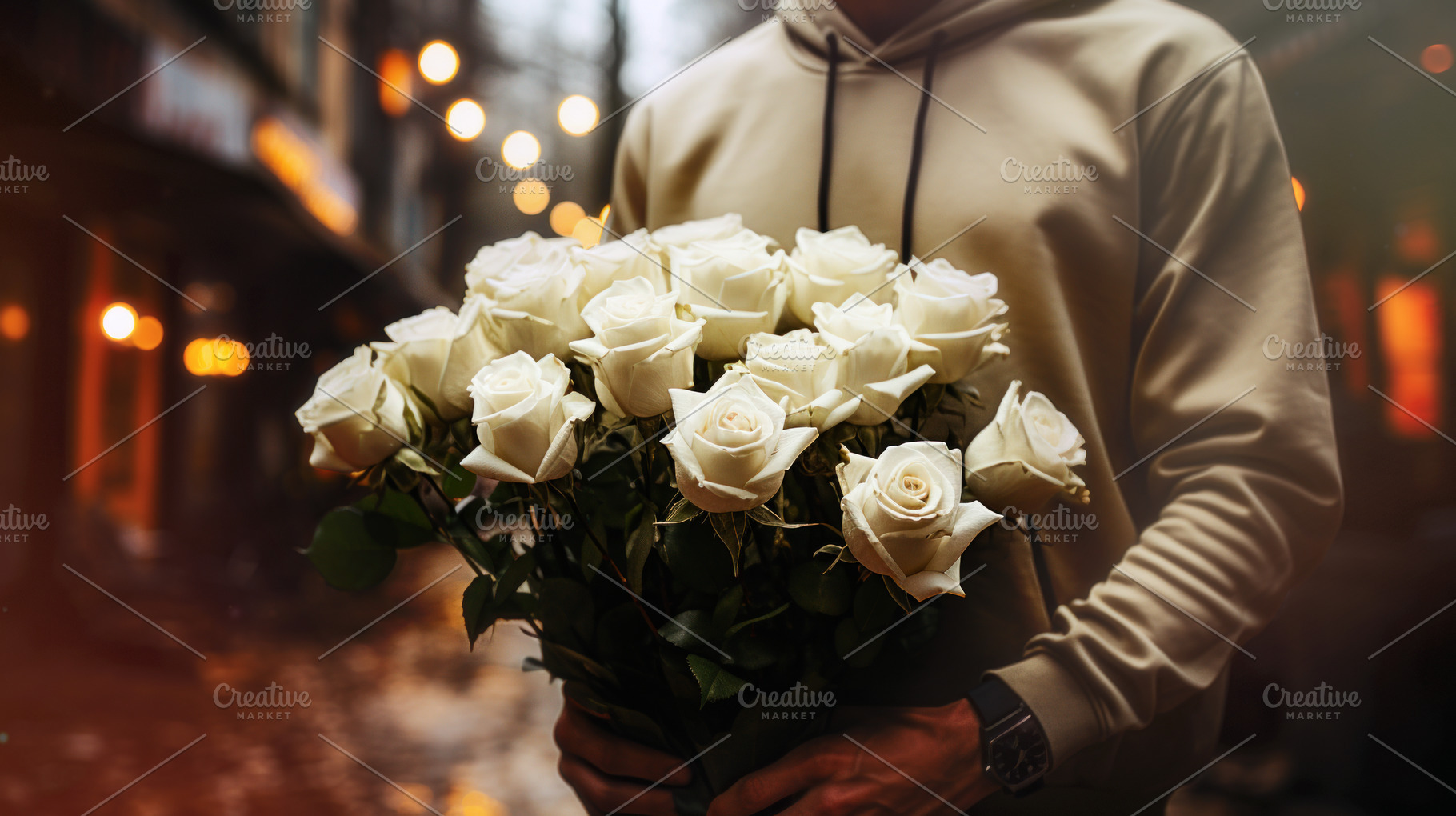 Man with bouquet of white roses on t, a Holiday Photo by Perpis