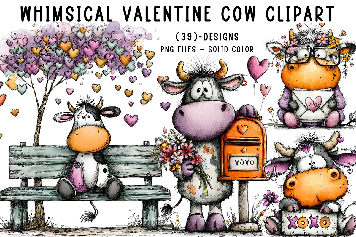 Whimsical Valentine Cow Clipart, an Illustration by CreationArt (Photo 1 of 6)