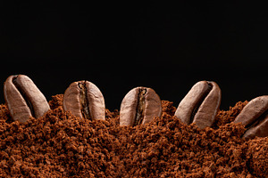 Roasted coffee beans in ground coffee on a black background, a Food & Drink Photo by ndanko