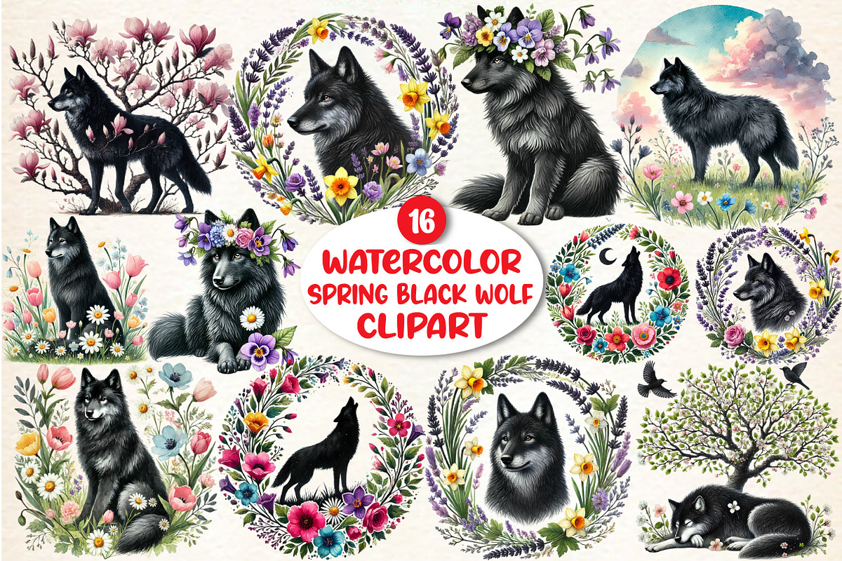 Spring Black Wolf Clipart, a Seasonal Illustration by DreamArtGraphic (Photo 1 of 5)