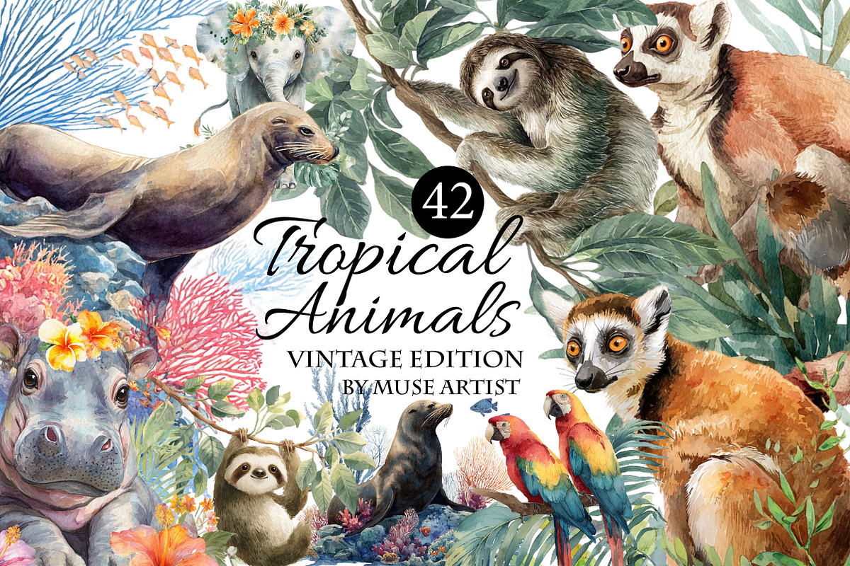 Watercolor Tropical Animals Clipart, an Illustration by DreamArtGraphic (Photo 1 of 4)