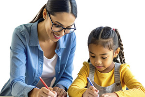 Young teacher with asian girl at classroom isolated photo, a Person Photo by DanFLCreativo