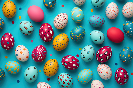 Colorful easter eggs on blue background, a Holiday Photo by AlyaAnd