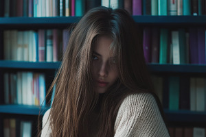 Thoughtful young woman in library, a Photo by Beautiful things