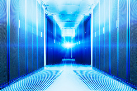 Symmetrical futuristic modern server room in the data center with a bright, a Technology Photo by VLADIMIRCARIBB