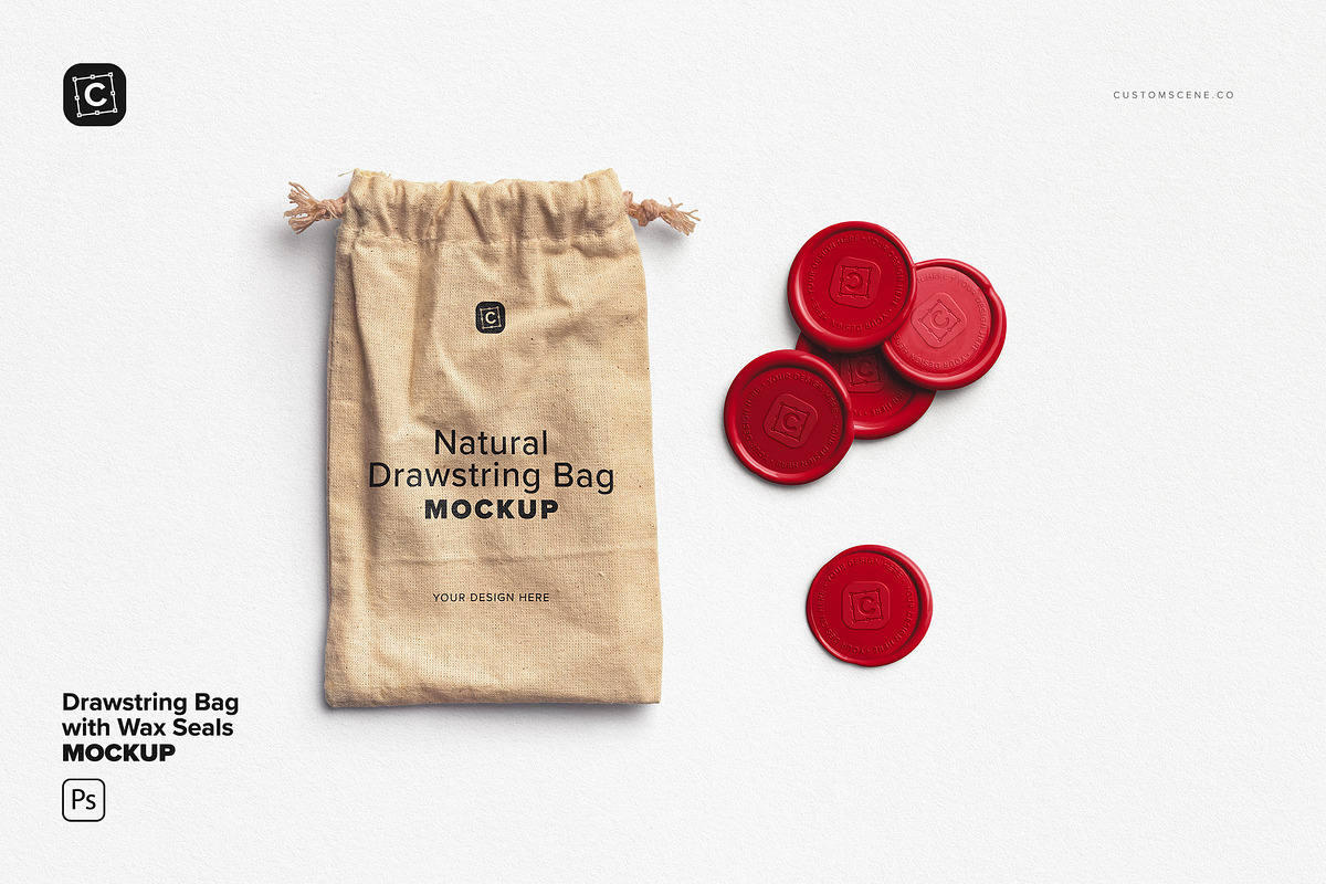 Drawstring Bag with Wax Seals Mockup, an Advertising Mockup by Custom Scene (Photo 2 of 11)