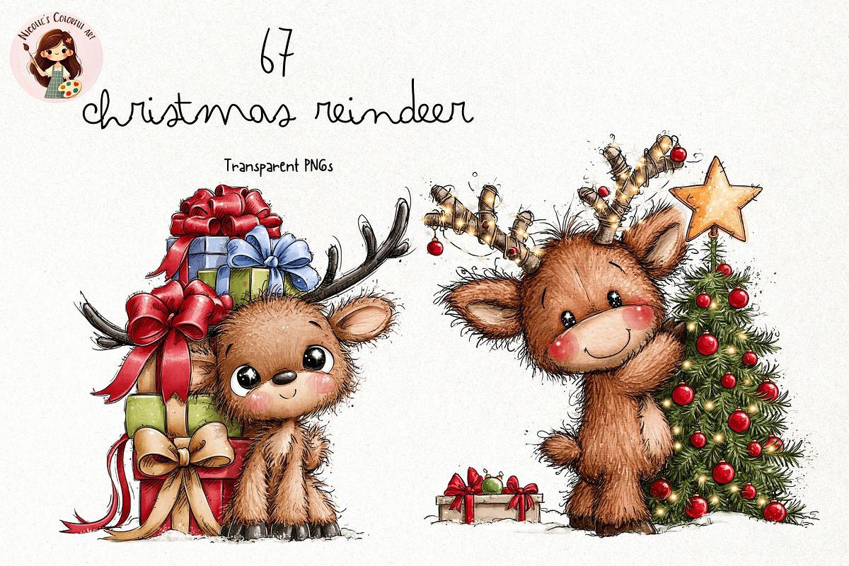 Whimsical Christmas Reindeer PNG, a Seasonal Illustration by Nicolle's Colorful Art (Photo 1 of 6)