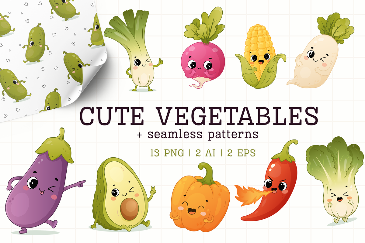 Cute Vegetables Clipart and Patterns, a Food Illustration by Bielousova Art (Photo 1 of 5)