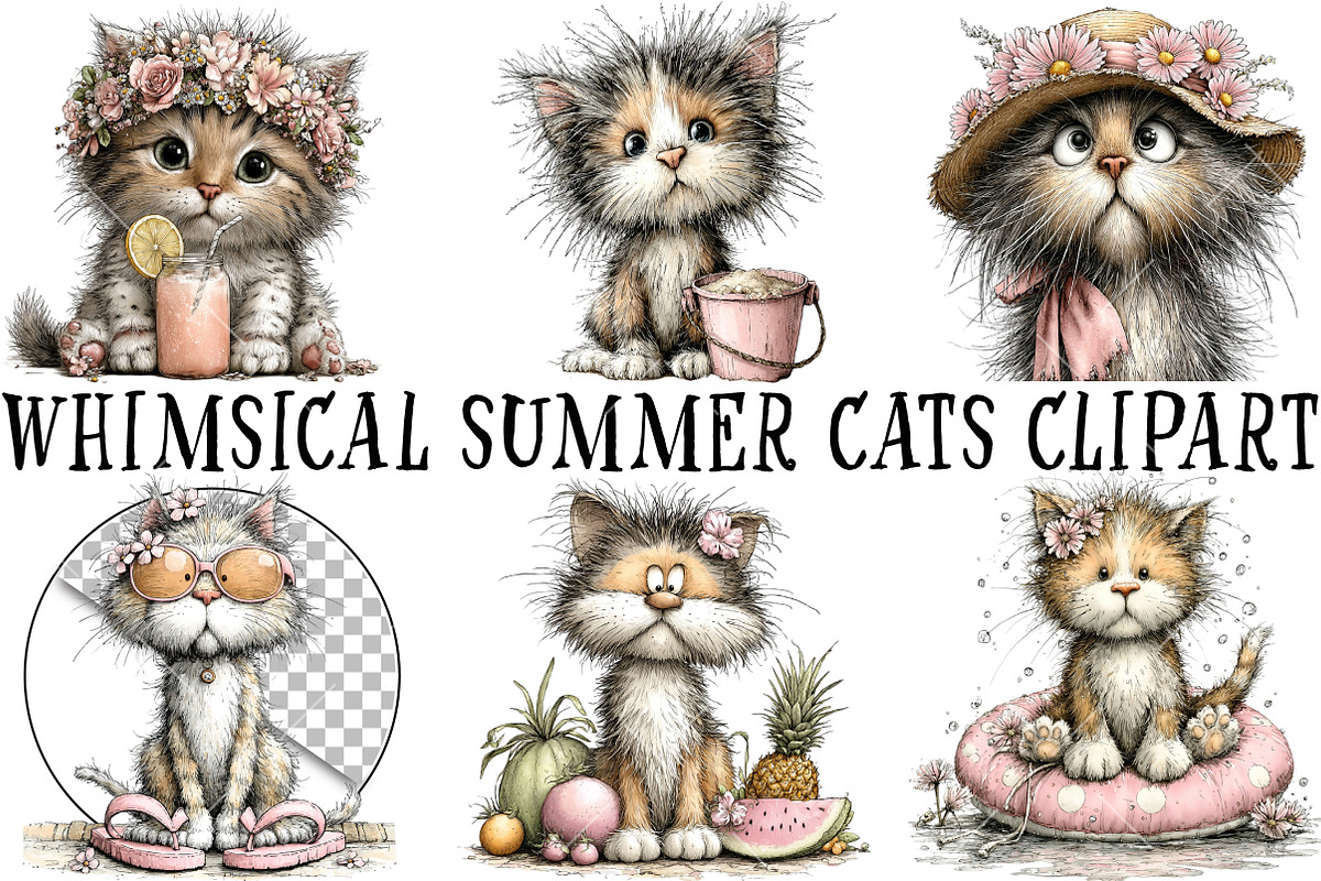 Whimsical Summer Cats Clipart, a Seasonal Illustration by OK Design (Photo 2 of 6)