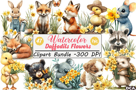 Cute Animals with Daffodils Flowers
