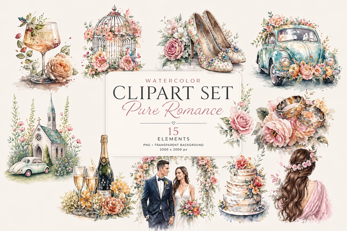 22Watercolor Wedding Clipart PNG Set, an Illustration by Jalina Clipart Studio (Photo 1 of 8)