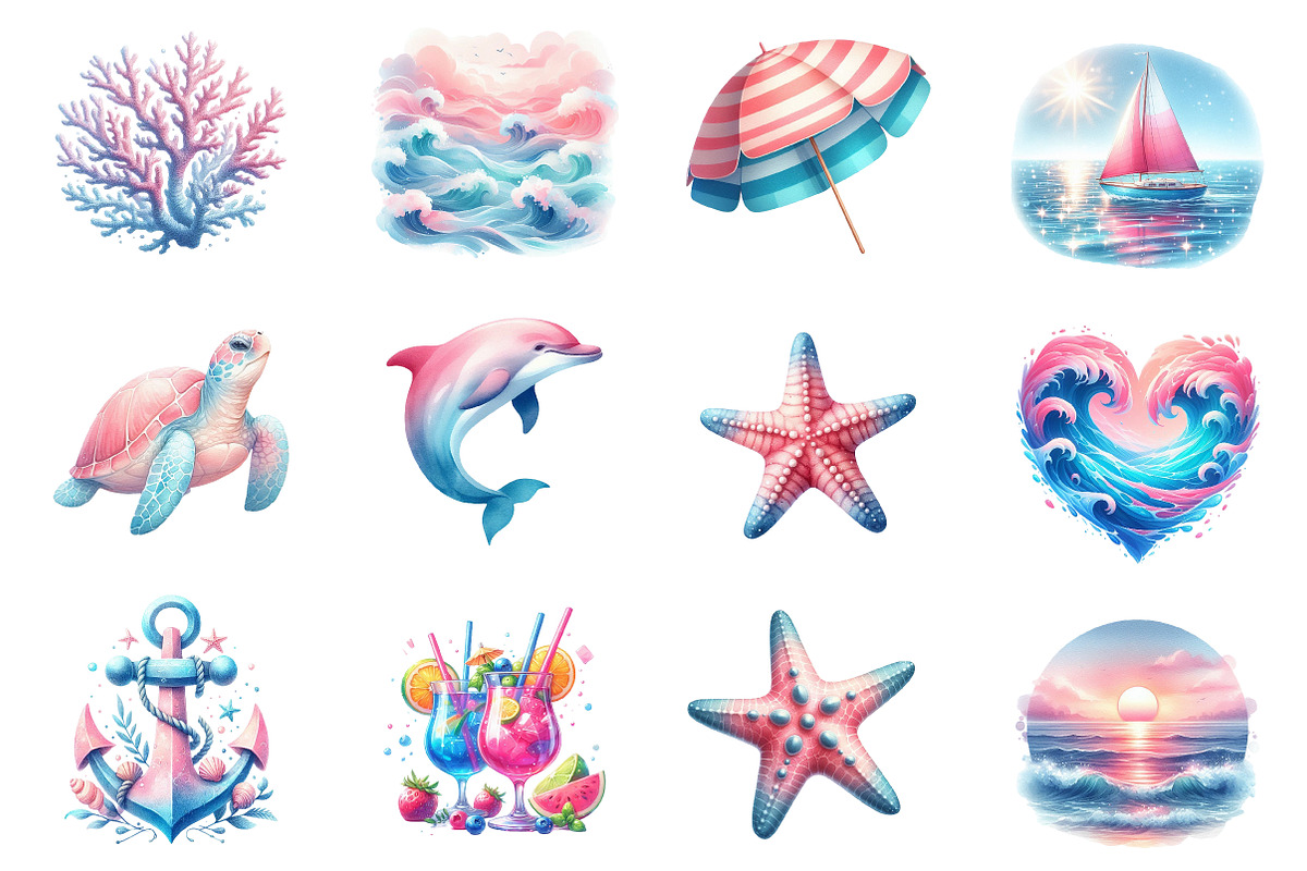 Summer Pink & Blue Coastal Clipart, an Illustration by Dream Creation (Photo 2 of 5)