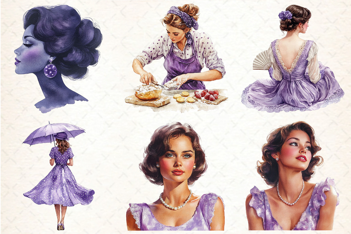 Purple Summer Vintage Woman Clipart, an Illustration by DreamCafeArt (Photo 3 of 8)